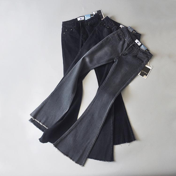 レディース 牛仔パンツ ローライズ フレアパンツ ミディアムフレア 低腰 毛羽立ヘム ストレッチ スリムフィット スリミング デニム ロングパンツ ブラック ダークブルー ライトブルー ライトグレー ダークグレー コットン スパンデックス ミッドウェイト