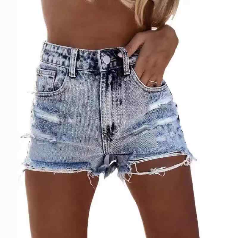 レディース 牛仔パンツ 高腰 破れ フレア ショートパンツ 直筒 デニム 綿 ストレッチ 薄手 ライトブルー ストリート ファッション 夏 軽量 通勤 普段使い カジュアル シルエット