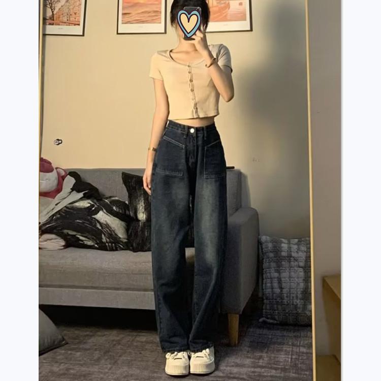 Cropped Pants - レディース ワイドパンツ デニム 綿 素材 高腰 ロング丈 ブルー ヴィンテージ スタイル 通勤 普段使い ゆったり シルエット 脚長効果 梨型ボディ 気質 エレガント 無弾性 直筒 タイプ 春夏