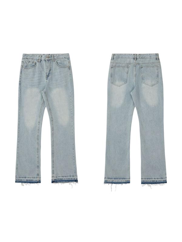 Pants - メンズ 牛仔パンツ デニム 長ズボン 高腰 微喇 直筒 ヴィンテージ ブルー ウォッシュ加工 流蘇 脚口 フラップ 日常 春季 秋季 コットン 無弾性 青少年 ストリート ファッション クラシック スタイル