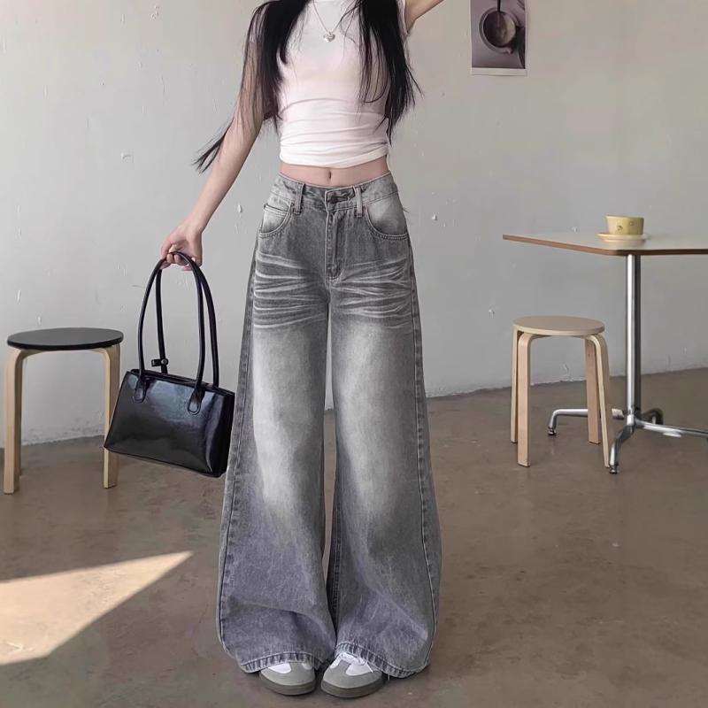 デニムパンツ 女性用 春夏 グラビア レディース 高腰 ワイドレッグ ロング丈 直筒型 綿混 ウォッシュ加工 ヴィンテージ風 スリム効果 ゆったりシルエット 快適素材 日常使い カジュアルスタイル グレー系