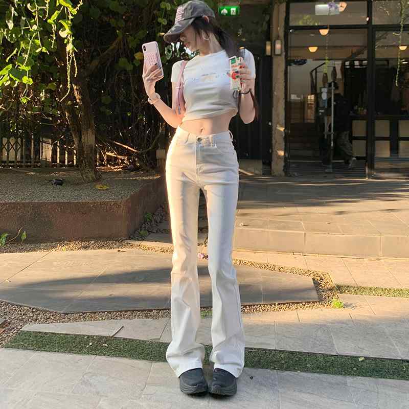 パンツ 女性用 デニム 微喇 ホワイト ハイウエスト スリムフィット 脚長効果 馬蹄喇叭 ロング丈 綿素材 スパンデックス混 高伸縮性 中厚手 ポケット 春夏 秋冬 通年 カジュアル デイリー 普段使い 日韓スタイル 軽量 洗い加工 切り替えデザイン