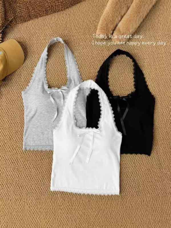 Camisoles - キャミソール レディース ハルネック レース 花柄 切り替え トップス インナー ショート丈 接触冷感 再生繊維 高弾性 ブラック グレー ホワイト かわいい ピュアスタイル 私服 修身シルエット バタフライボウ 肩紐 伸縮性 吸湿速乾 通勤用 普段使い