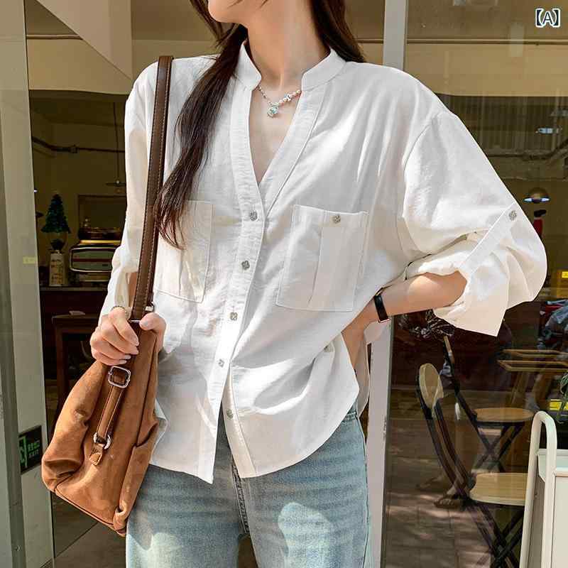 シャツ 女性用 Vネック 半排扣 正肩 長袖 白色 綿混 粘着繊維 ワイドシルエット 気質通勤 ポケット付き シングルブレスト 多ボタン 純色 夏 通勤用 普段使い 軽量 伸縮性 吸湿速乾 シンプルデザイン カジュアルスタイル トップス ブラウス ゆった