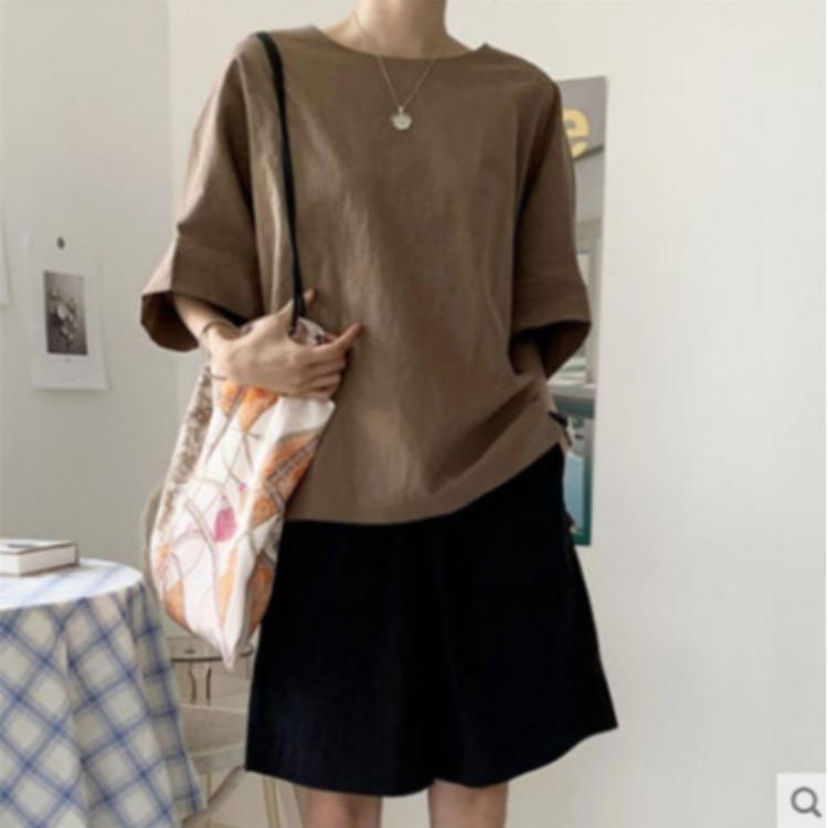 Other - レディース コットン麻 シャツ トップス 韓国風 ゆったり 大きいサイズ ゆったり風 スリム 効果 カジュアル ブラウス 百搭 丸首 白 コーヒーブラウン コットン麻素材 軽量 通勤 普段使い 部屋着 伸縮性 吸湿速乾 ビッグシルエット ゆったり袖 シン