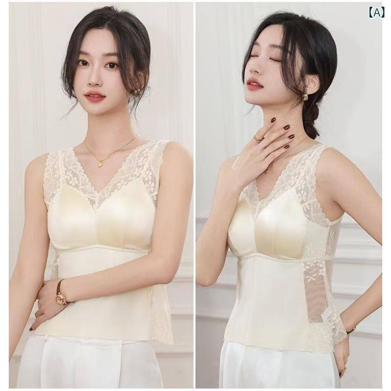 ブラキャミソール 女性用 Vネック 固定カップ レース 切り替え 背中開き 無痕 ブラジャー ワイヤー入り 調整可能ストラップ 薄手 伸縮..