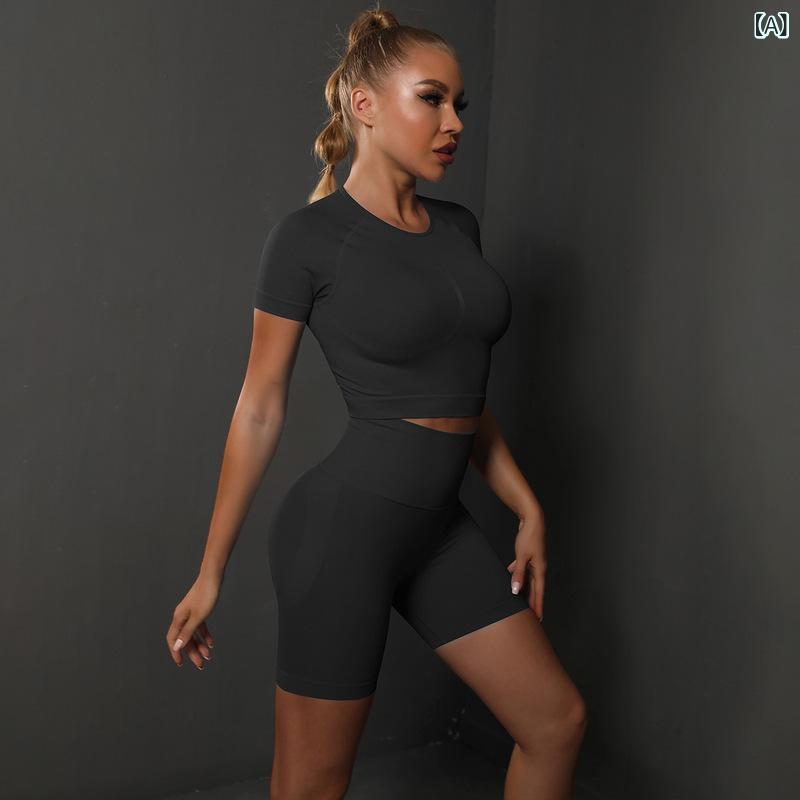 レディース ヨガ ウェア セット 短袖 トップス ハイウエスト ショーツ 吸湿速乾 伸縮性 ナイロン 素材 純色 ブラック ダークレッド ピンク ダークグリーン ネイビー グレー ブルー ブラウン レッド イエロー ミリタリーグリーン カーキ ライトグリ