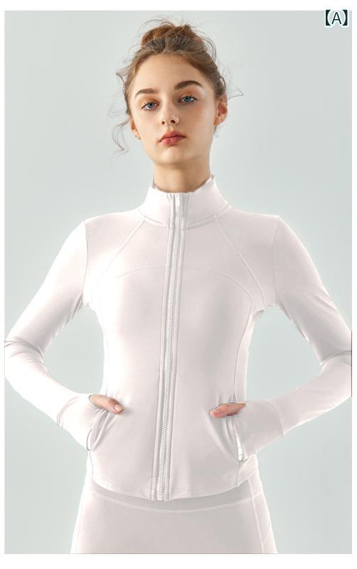 レディース ヨガウェア トップス 秋冬 長袖 スタンドカラー 速乾 吸湿速乾 接触冷感 伸縮性 防滑 軽量 修身 スリムフィット 裸感 インナー 化繊混紡 ポリエステル スパンデックス フィットネス ジャケット 開襟 及臀丈 アイボリー ブラック ブルー