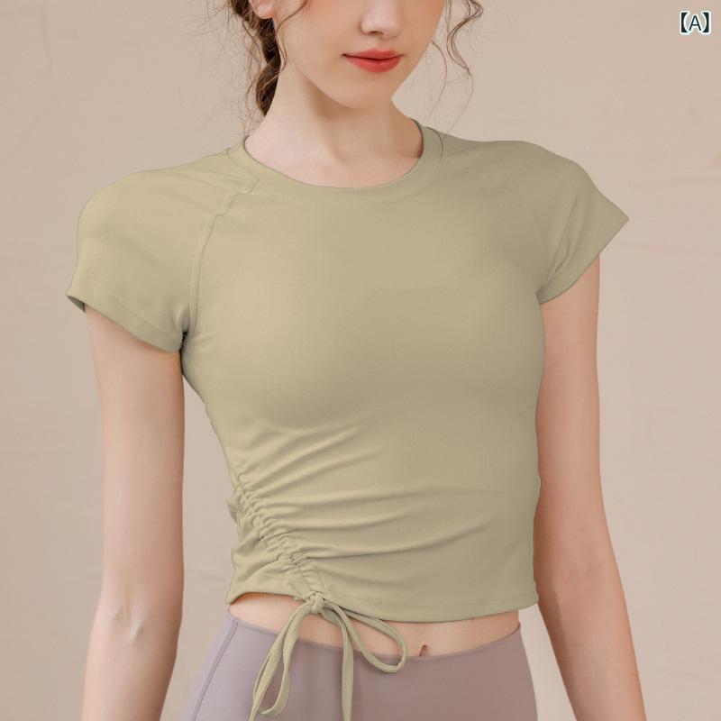 女性用 ピラティス ヨガ 上衣 フィットネス ウェア トップス 短袖 Tシャツ 速乾 透気 伸縮性 ニット素材 接触冷感 ランニング ランニングウェア タイトフィット 及腰丈 純色 カーキ ベージュ ブラウン ブラック 春夏秋冬 通年 室内 屋外 アクテ
