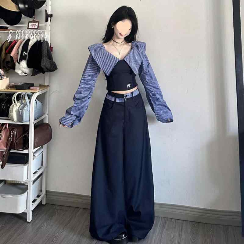 レディース シャツ トップス 斜肩 ワンショルダー 長袖 条紋 切り替え 学院風 修身 スリム 気質 通勤 普段使い 秋冬 モダール 再生繊維 抽象柄 印花 A字型 立領 仮ツーピース 軽量 伸縮性 ブラック ピンク系 アイボリー