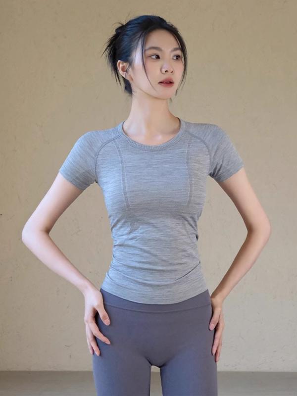 Other - レディース ヨガウェア 短袖 トップス 速乾 Tシャツ 女性用 春夏 トレーニング フィットネス ランニング 透気性 ニット 化繊混紡 ニルロン スパンデックス ブラック ホワイト グレー イエロー ブラウン パープル グリーン 吸湿速乾 軽量 伸縮性