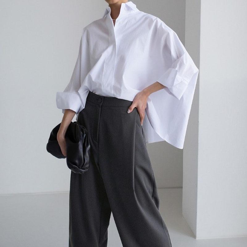 シャツ 女性用 春夏 長袖 Vネック 蝙蝠袖 ワイドシルエット 綿100% 白色 ゆったり大サイズ 免烫加工 日韓カジュアル 中性スタイル トップス 普段使い 軽量 通勤対応 吸湿速乾 接触冷感 ファッション ブラウス ゆったりトップス