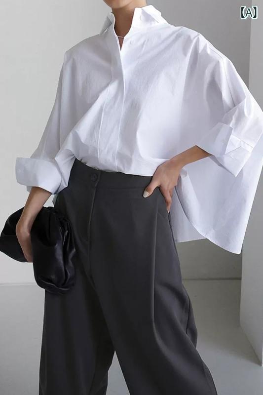 シャツ 女性用 春夏 長袖 Vネック 蝙蝠袖 ワイドシルエット 綿100% 白色 ゆったり大サイズ 免烫加工 日韓カジュアル 中性スタイル トップス 普段使い 軽量 通勤対応 吸湿速乾 接触冷感 ファッション ブラウス ゆったりトップス