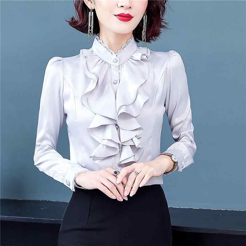 シャツ レディース 長袖 秋冬 韓国風 スタンドカラー フレア袖 フィット シルク調 シフォン ブラウス トップス 通勤 普段使い 修身 ポリエステル 純色 開襟 シングルブレスト ボタン 都市 カジュアル 軽量 伸縮性 白色 ブラック ピンク系 グレー