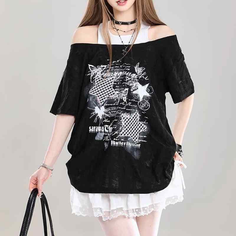 Tシャツ レディース 夏 吊り首 偽ツーピース 露肩 短袖 プリント ゆったり 接触冷感 ポリエステル 白色 ブラック ストリート かわいい ..