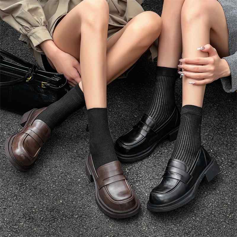 小皮靴 女性用 厚底 ローファー 学院風 メアリージェーン ブラウン ブラック 丸頭 ...