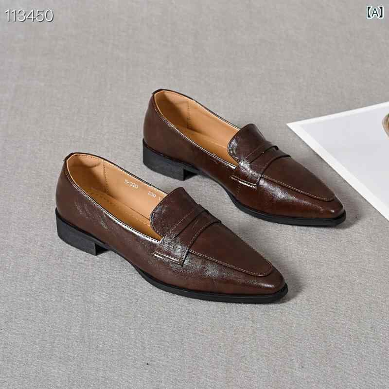 レディース フラットシューズ ローファー 単鞋 尖頭 低め口 英倫風 シンプル 気質 小さめ革靴 車縫いライン 牛革 二層皮 低フォール 1-3cm 純色 赤褐色 ブラック 低幫 平フォール 粘着底 ゴム底 合成皮内張り 超繊維中敷き 日常 汎用 春秋