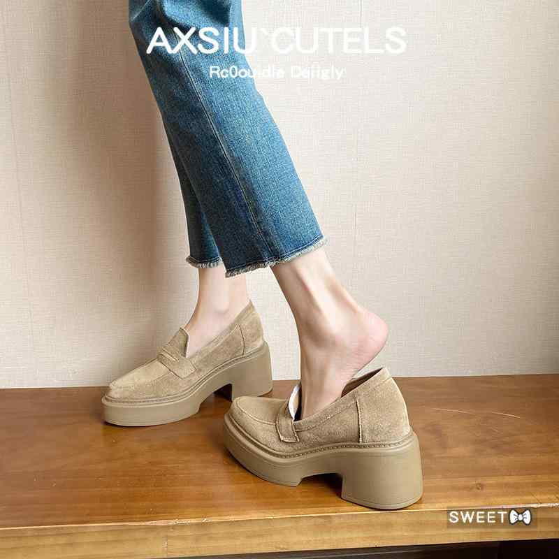 女性用 ローファー シューズ メンズ風 厚底 内増高 尖頭 粗跟 低幫 職業 通勤 日常使い 黒 卡其 接触冷感 伸縮性 軽量 再生繊維 吸湿速乾 純色 春夏 秋冬 単色 セットオン ゴム底 偽皮内張り PUインソール セットシューズ ビジネスカジュアル