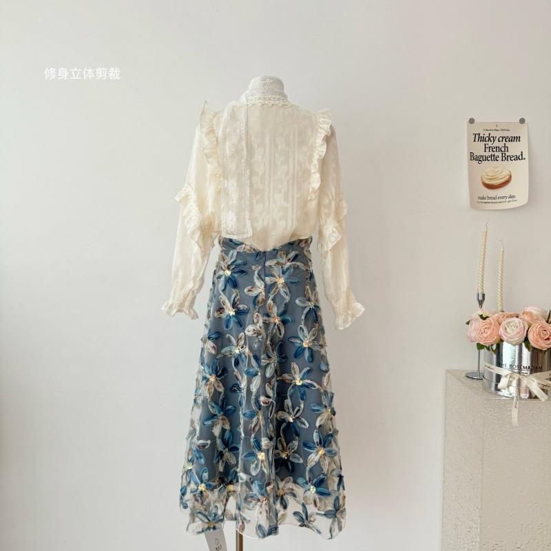 Other - レディース セットアップ ブラウス スカート セット ホワイト レース 花柄 プリーツ スカート 荷葉辺 デザイン 立体 フラワー プリンセス スリーブ ノースリーブ ストレッチ 素材 吸湿速乾 軽量 伸縮性 春夏 私服 フェミニン スタイル ハイウエス