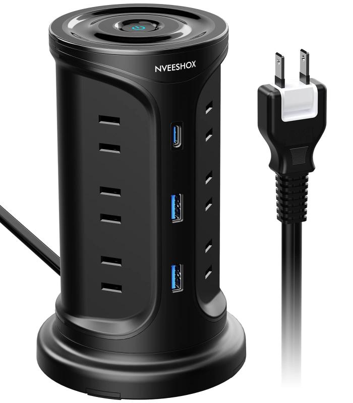 電源タップ Type-C付き 延長コード タワー 伸縮固定パーツ付 NVEESHOX コンセント usb付 雷ガード 3層 12個AC口 3個USBポート たこ足配線 テーブルタップ OAタップ マルチタップ 机の下 壁掛け 安全