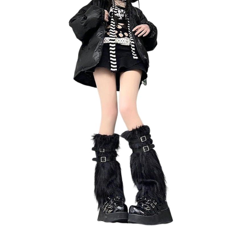 [Lamerry] レッグウォーマー ファー ベルト付き ルーズソックス ふわふわ 暖かい モコモコ もこもこ モフモフ ギャル 地雷系 レディース 白 黒