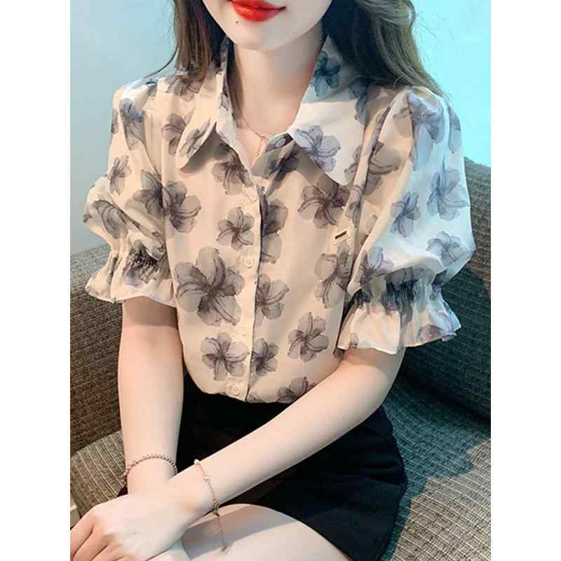 乐天商城 - シャツ 女性用 春夏 フレンチ スイート 水墨画 プリント フラワー 雪紡 ブラウス ゆったり 泡泡袖 薄手 トップス 短袖 基本款 ゆったりシルエット 普通丈 シャツカラー ボタン 気質 通勤 都市風 気質 優雅 短袖 フレンチスタイル スイート デザ