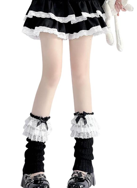 [Furidom] レッグウォーマー レディース 二重レース編み フリル リボン飾り ロリータ 可愛い ニットルーズソックス 暖かい 柔らかい 冷え対策 Y2K 靴下 JK 通学