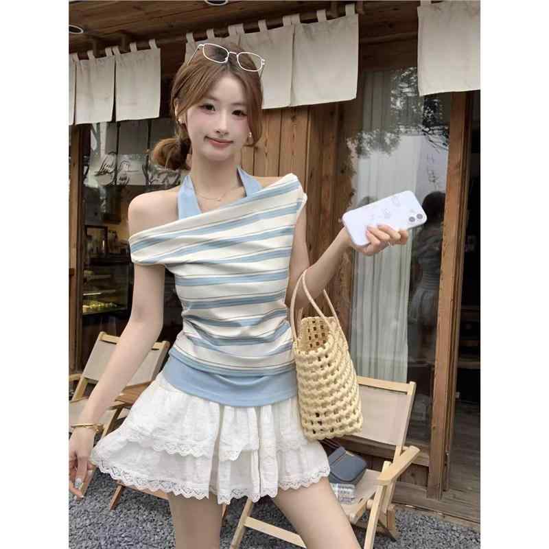 Tシャツ レディース 短袖 露肩 斜肩 デザイン ブルー ストライプ 偽ツーピース 切...