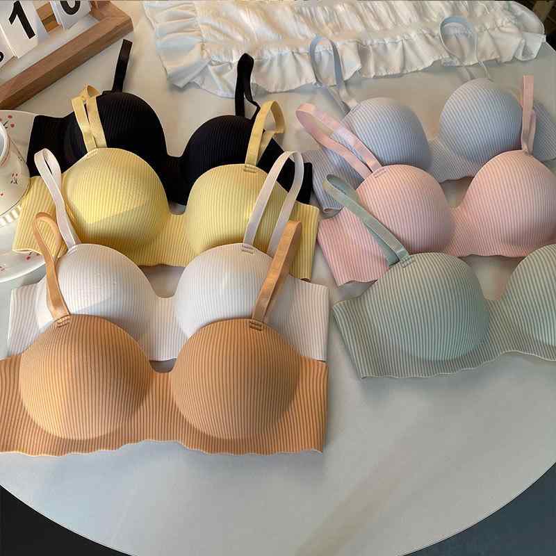 ブラ無しブラジャー 女性用 小胸ガードル バストアップ 無痕 一体型 コクテルスタイル 夏用 薄手 サイドサポート 3/4カップ 上薄下厚 ニット生地 固定ストラップ 後ろホック 米色 ピンク イエロー オレンジ グリーン ブルー ブラック 軽量 快適