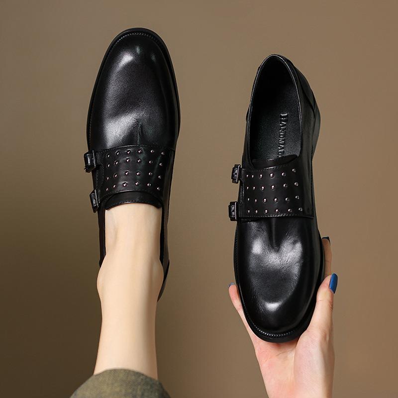 レディース ローファー シューズ 頭層水洗牛革 ダブルストラップ バックル シングルシューズ 女性用 復古 小さめ 革靴 新款 イングリッシュスタイル ディープカット フラットボトム メンズ風 レディース 黒 光沢 ラウンドトゥ 低フォール 1-3cm