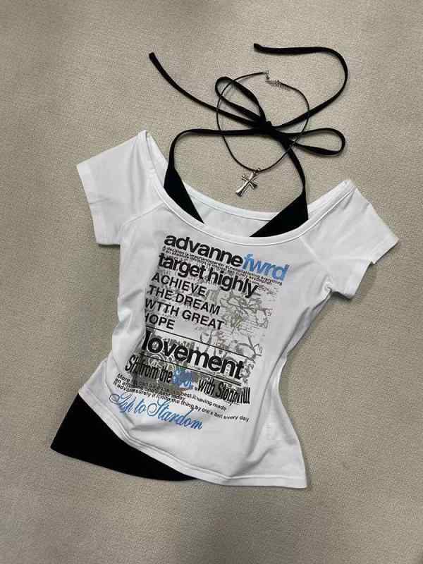 Other - Tシャツ 女性用 ハングネック カラフル 短袖 短丈 上衣 デザイン性 偽二枚重ね 夏 涼感 ポリエステル 修身 セットアップ プリント ドローストリング 切り替え 気質 通勤風 普段使い 軽量 吸湿速乾 白色 スモールクローズド