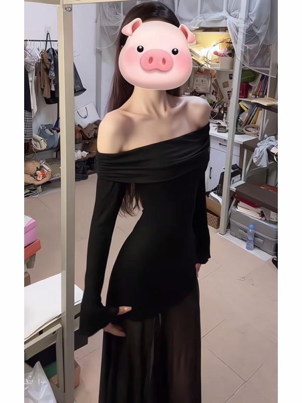 ワンピース レディース 黒 春夏 長袖 一字領 網纱 切り替え ハイウエスト 包臀 長丈 スカート 収腰 スリム 復古 風 接触冷感 PVC 素材 軽量 伸縮性 普段使い 通勤 通年対応