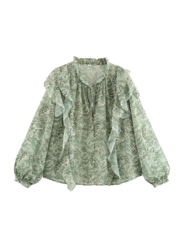 乐天商城 - レディース シャツ トップス 翠緑 花柄 植物プリント 長袖 花辺ラウンドネック 単排ボタン 切り替えレイヤー レイヤード 春夏 ポリエステル 接触冷感 軽量 伸縮性 吸湿速乾 日常使い 通勤 カジュアル デイリー ビッグシルエット ゆったり 花卉柄 フ