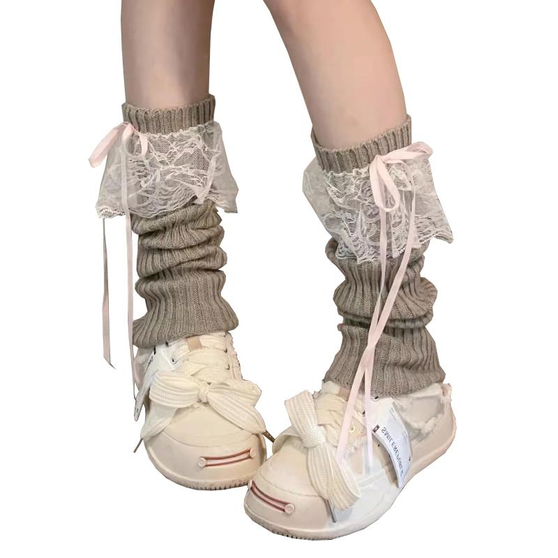 [YEMOCILE] レッグウォーマー レディース レース ルーズソックス ソックス 蝶結び レッグカバー y2k ガール系 リボン 原宿系 地雷系 学院風 可愛い サブカル系 暖かい ゴスロリ ギャル 冷え取り