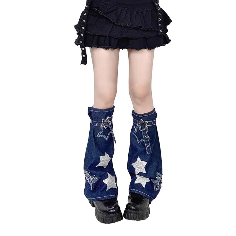 [LAVASEON] 可愛い レッグウォーマー デニム レディース ルーズソックス 星柄 Y2K JK サブカルチャー 原宿系 学院風 防寒 冷え対策 レッグカバー 制服 ソックス 通学 ジッパー ポケット48cm