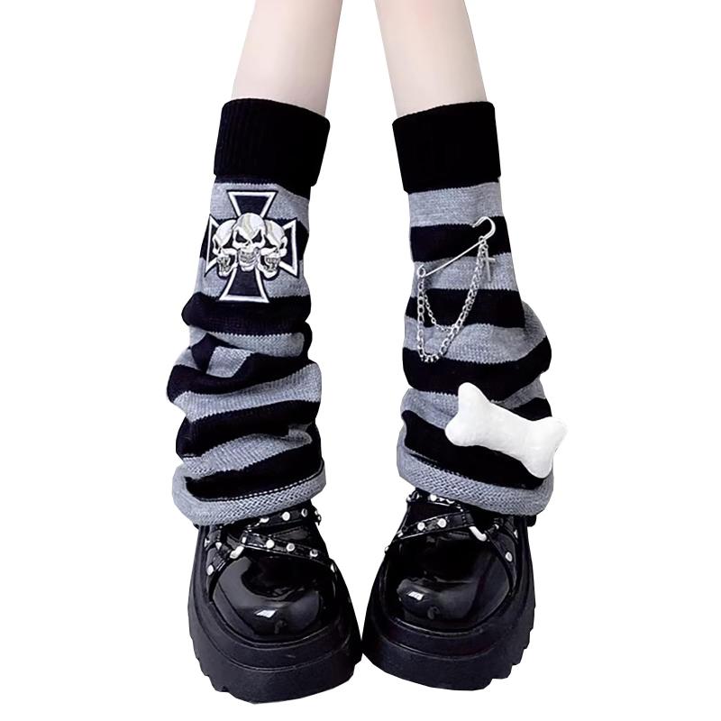 [YEMOCILE] レッグウォーマー レディース y2k ルーズソックス チェーン付き 地雷系 病み可愛い サブカル レッグカバー ゴシック スカルパターン 原宿パンク ゴスロリ ギャル 冷え取り Jk