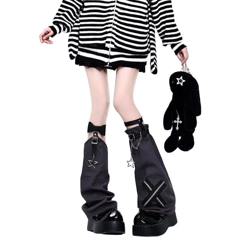 地雷系 レッグウォーマー ルーズソックス レディース 星チェーン付き クロス 蝶結びベルト付き Y2K ゴシック サブカル系 靴下 学生JK 原宿パンク ゴスロリ風 ギャル 量産型 ファッション 病