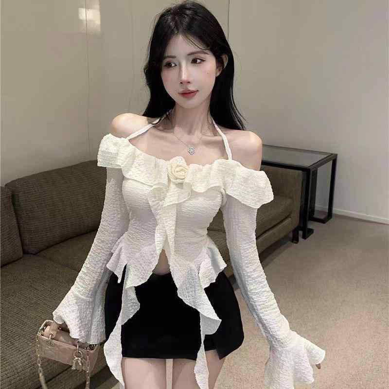 トップス 女性用 フラワープリント ハングネック 長袖 シャツ ワンピース風 フレアスリーブ レイヤード 肩出し デザイン ポリエステル 素材 花柄 プリント 加工 ソフト タッチ 気質 通勤 スタイル 都市風 杏色 ブラック カーキ グリーン 秋季 コ