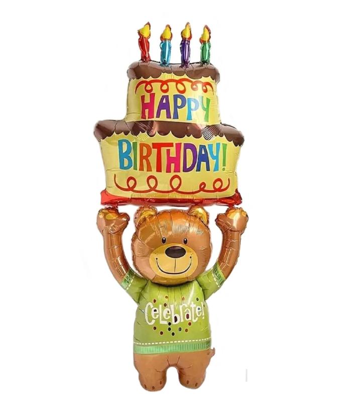 クマ アルミバルーン 風船 HAPPY BIRTHDAY バースデー 誕生日 ケーキ ビッグサイズ ストロー付き (持ち上げ ブラウン)