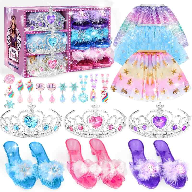 [Dreamon] プリンセス ドレス 子供 3セット 女の子 おもちゃ スカート、ネックレス、イヤリング、指輪、ハイヒール女の子 プレゼント 3 4 5 6 歳女の子誕生日プレゼント クリスマスプレゼント