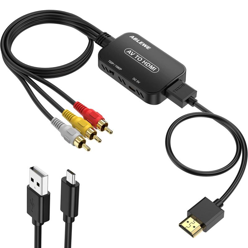 ABLEWE RCA to HDMI 変換コンバーター AV to HDMI コンポジット 1080/720P切り替え 音声出力可 USB給電 【日本語取扱説明書付き】3色(赤 白 黄)ビデオ/avケーブル hdmi ケーブル付き N64用 Wii PS(2)