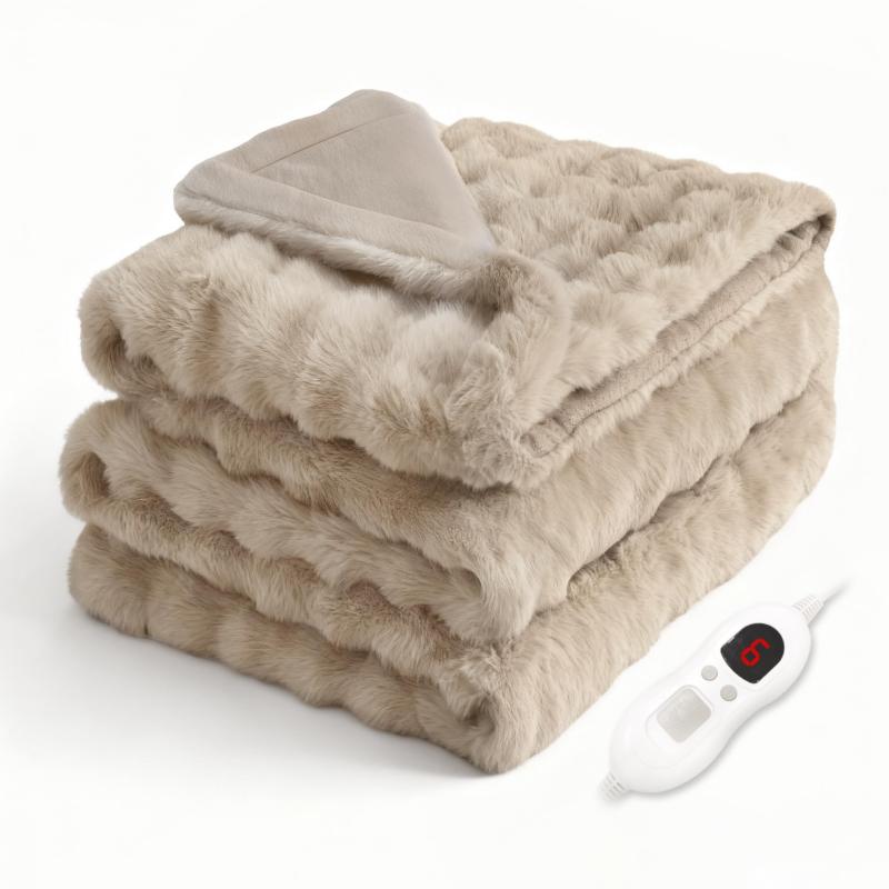 電気毛布 掛け敷き兼用 【表面ラビットファー調＋裏面フランネル 190×130cm】 掛け 敷き 洗える 6段階温度調整可 炭素繊維発熱線 大判 電気ブランケット ダブル 省エネ 自動オフ 速暖 厚手 ダ
