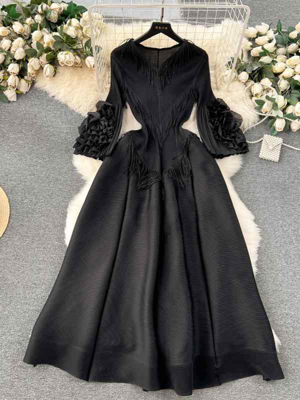 ワンピース 女性用 宮廷風 Vネック 修身 フリンジ プリーツ加工 喇叭袖 切り替えデザイン A字中長丈 高腰 伸縮性 吸湿速乾 3D立体 セットアップ 気質 通勤スタイル 橙色 ブラック ミリタリーグリーン ワインレッド パープル ダークグリーン 春夏 fork-br-10711440 フォークBR パッケージ画像