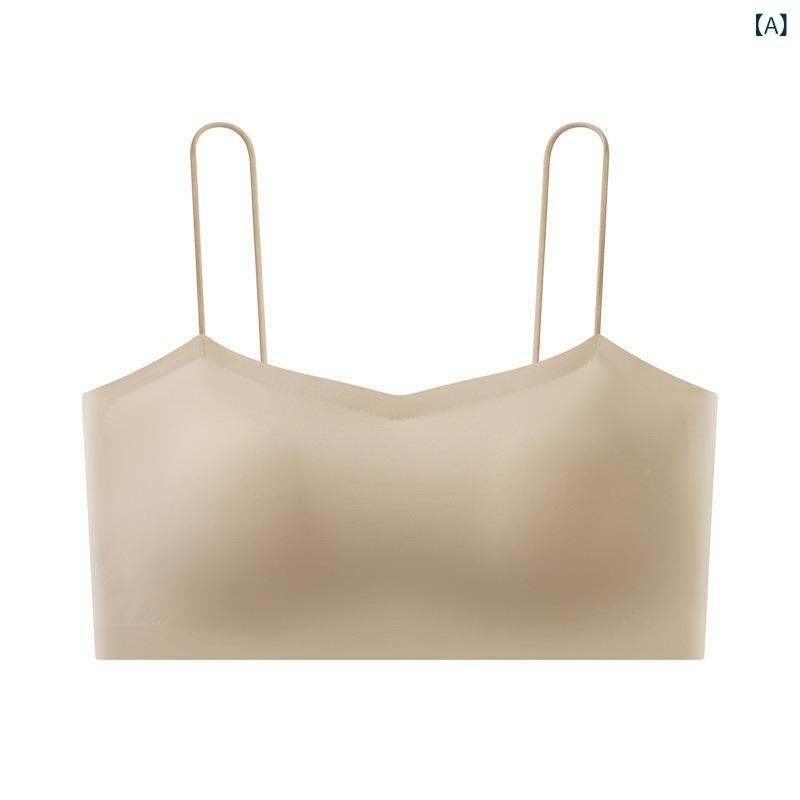 Underwear, Sleepwear - ブラジャー 女性用 無痕 美背 背心式 無ワイヤー 薄カップ 固定肩紐 細肩帯 小胸 プッシュアップ 上托 側締め 副乳収納 透気 快適 ナイロン スパンデックス ストレッチ 全カップ ピンク肌色 白 黄色 青 グレー ブラック ストライプ柄 かわいい