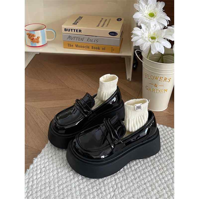 レディース 厚底 ローファー メンズ インスパイア イングリッシュスタイル 春夏 ローファーシューズ 女性用 丸頭 粗中跟 3-6cm 厚底 インソール PU素材 合成皮革 表面 合成底 中口 7-11cm 開口 黒 ブライトブラック ブラウン カラー