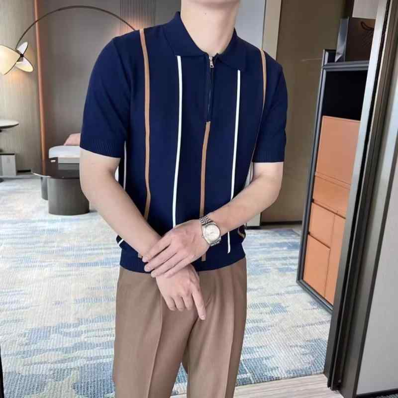 樂天商城 - メンズ POLOシャツ 短袖 薄手 条紋 切り替え 修身 翻領 綿混紡 ポリエステル 軽量 耐摩耗 夏 春夏 ブルー 焦糖色 カラーバリエーション ゆったりシルエット スリムフィット カジュアル 普段使い 通勤 トップス シャツ ポロシャツ
