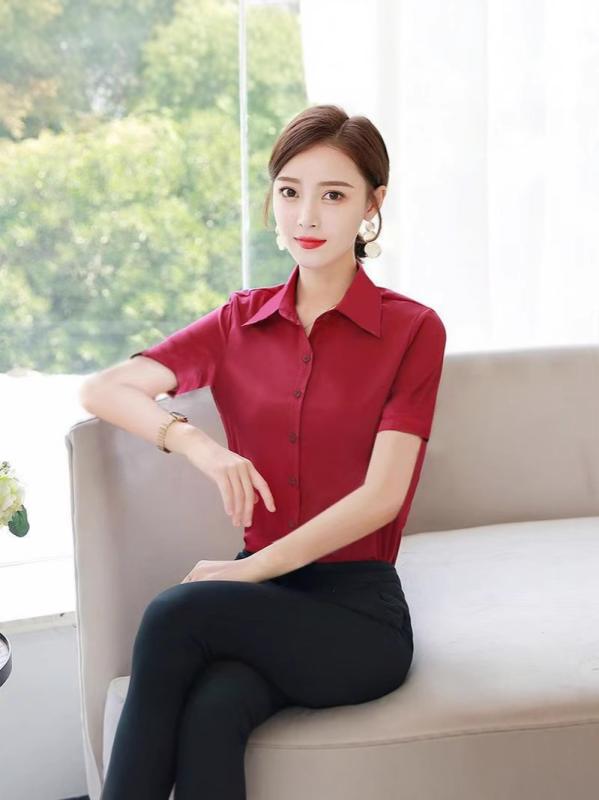 レディース 短袖 シャツ トップス 修身 通勤用 仕事着 気質 スタイル 開襟 ポロ領 単排多扣 ボタン 純色 切り替え デザイン 普通丈 ポリエステル スパンデックス 伸縮性 防走光 ホワイト ワインレッド イエロー ピンク ブルー ネイビー グリーン