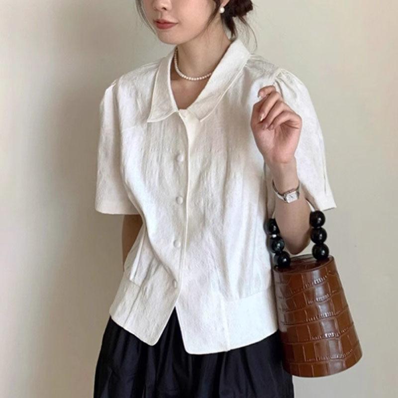 Other - 女性 シャツ トップス ポロ襟 短袖 半袖 白色 純色 切り替え デザイン 接触冷感 ポリエステル 再生繊維 軽量 通気性 吸湿速乾 春夏 夏季 かわいい 甘め フレッシュ スタイル 短め 丈 普通 身長 対応 セットアップ コーデ 部屋着 普段使い カ