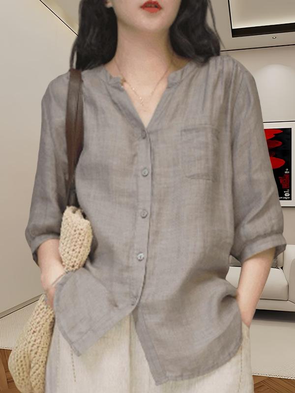 リネンシャツ レディース ゆったり 春夏 Vネック 中袖 切り替え 綿麻 再生繊維 伸縮性 吸湿速乾 軽量 通勤 普段使い 私服 グレー ネイビー ブルー ホワイト グリーン ピンクパープル カジュアル シンプル トレンド