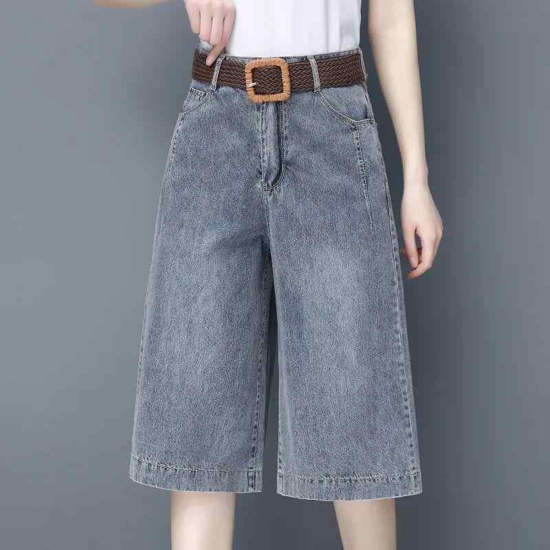 Cropped Pants - レディース デニムパンツ 七分丈 クロップドパンツ 春夏 高腰 ワイドレッグ ストレート ゆったり 薄手 コットン 素材 通勤用 都市スタイル ライトブルー 洗い加工 ボタン ジッパー 気質 普段使い 軽量 吸湿速乾